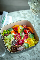 Tuna Salad bowl on Served Table, Restaurant food