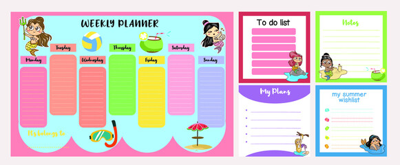 Weekly planner background for kids with cute mermaids. Vector template for agenda, planners.