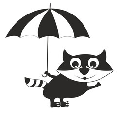 Cute raccoon holding umbrella.
Illustration of cute raccoon cartoon holding umbrella. Black on white background
