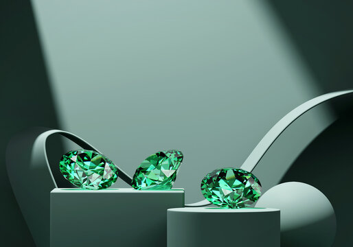 Green emerald diamonds placed on green background 3d rendering