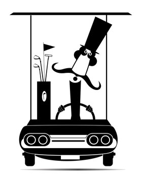 Funny long mustache man rides the golf cart illustration. Cartoon long mustache gentleman in the top hat is going to play golf in the golf cart black on white