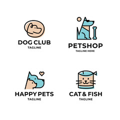 Pet logo design template set in line minimal style with dog, cat, fish