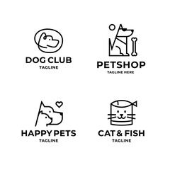 Pet logo design template set in line minimal style with dog, cat, fish