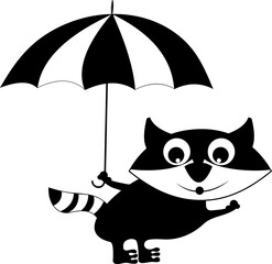 Cute raccoon holding umbrella.
Illustration of cute raccoon cartoon holding umbrella. Black on white background
