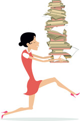 Woman with piles of papers or books illustration. 
Smiling young woman holds big piles of papers or books in the hands isolated on white background
