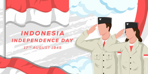 indonesia independence day 17 august with men and women saluting to indonesian flag