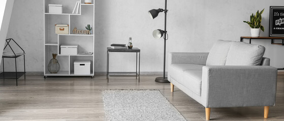 Interior of light living room with comfortable couch and shelf unit