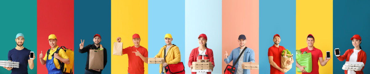 Set of couriers of food delivery service on colorful background