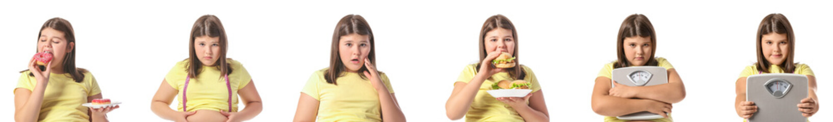 Collage of overweight girl on white background