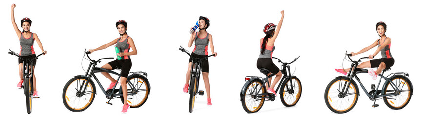 Set of female cyclist riding bicycle on white background