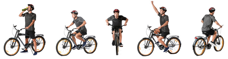 Set of male cyclist riding bicycle on white background - obrazy, fototapety, plakaty