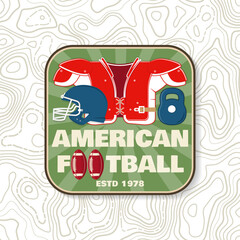 American football or rugby club embroidery patch. Vector. Concept for shirt, logo, print, stamp, tee, patch. Vintage typography design with american football ball and helmet silhouette