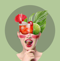 Creative collage with stylish young woman, cold cocktail and tropical plants on green background