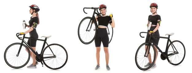 Set of female cyclist with bicycle on white background