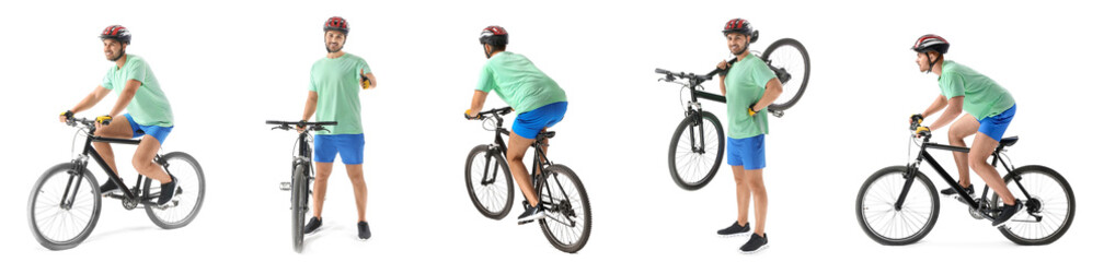 Set of male cyclist with bicycle on white background