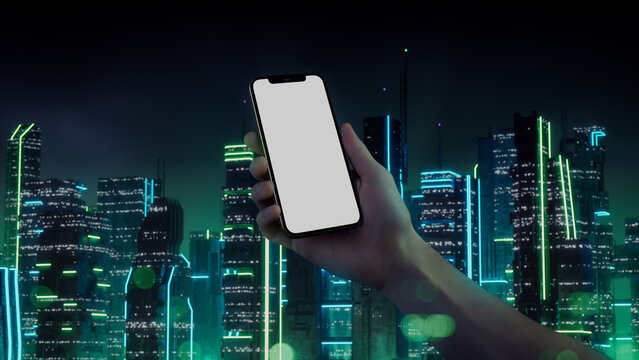 Futuristic Smartphone Mockup, with Green and Blue neon City Skyline Backdrop.