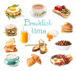 Collection of tasty breakfasts on white background