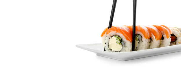 Plate with tasty sushi rolls on white background with space for text