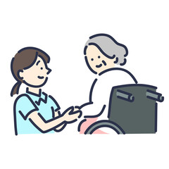 手を添える介護士とおばあちゃんのカラーイラスト