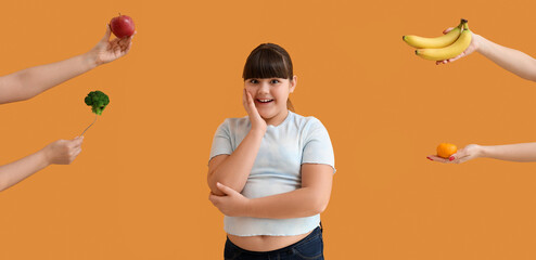 Hands with healthy food and overweight girl on orange background