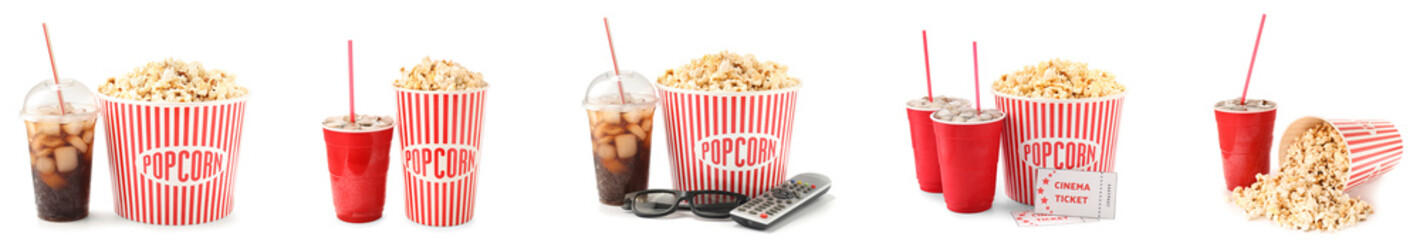 Set of tasty popcorn in buckets and cold cola drinks with cinema tickets, TV remote control and 3D eyeglasses on white background - obrazy, fototapety, plakaty