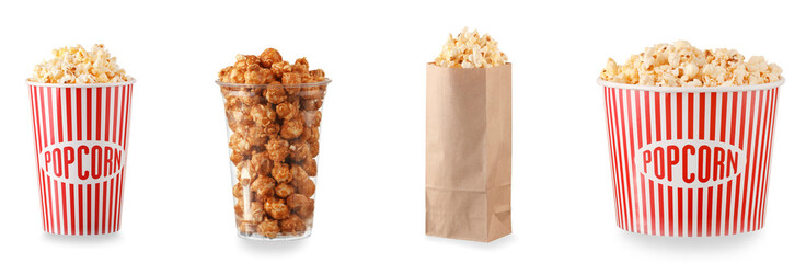 Collection of tasty popcorn on white background
