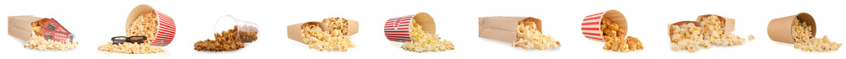 Set of tasty popcorn with 3D eyeglasses and cinema tickets on white background