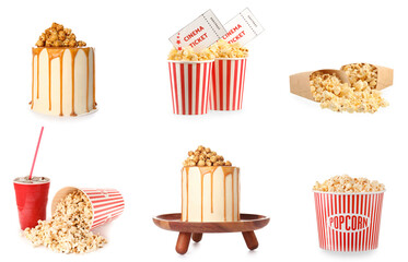 Set of tasty popcorn with cold cola, cinema tickets and sweet cake on white background