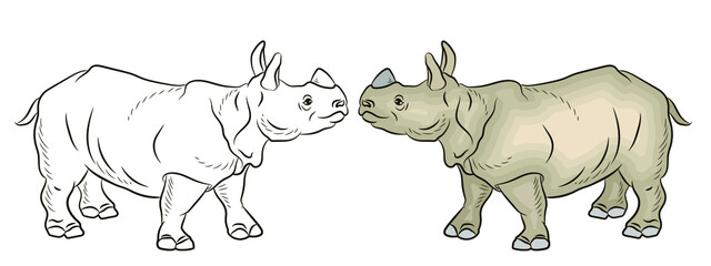 In the animal world. Coloring for children, a large and terrible rhino. Vector image.
 Color and black white pattern, background, design.