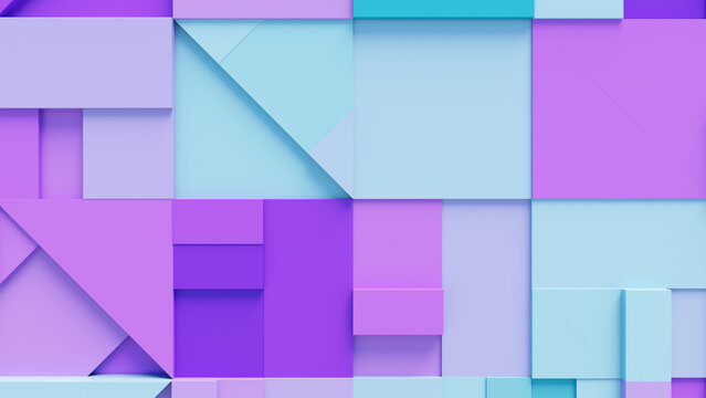 Abstract background formed from interlocking Purple and Turquoise Blocks. Futuristic 3D Render . 