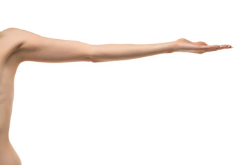 Young woman's stretched skinny arm and open palm holding imaginary product. Isolated on white background.