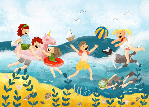 Children and a dog swimming and playing in the sea. Summer vibes illustration.