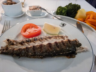 Grilled fish on a white plate with a slice of tomato and lemon