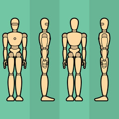 Vector illustration showing the front, back, left and right side of a wooden human mannequin to use as a reference when drawing a picture