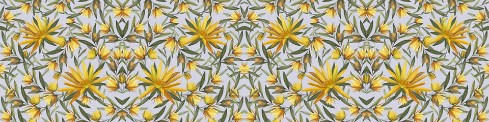 Horizontal pattern with yellow flowers of Strelitzia reginae. Bird of paradise. For fabric, scrapbooking, print, wallpaper.
