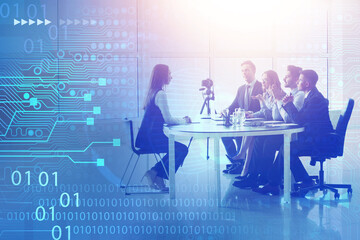 Collage with human resources commission interviewing woman in office