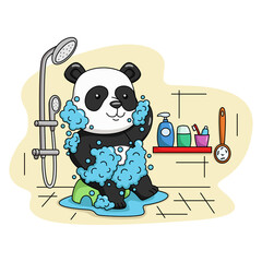 Cartoon illustration of a cute panda taking a bath