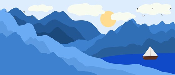 Beautiful scenery with mountains.Amazing views of mountains and rivers.Beautiful scenery for traveling. Minimalistic landscape with mountains. Beauty and nature