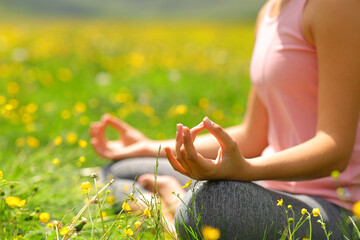 Yogi hands exercising yoga in a field
