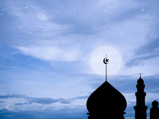 Ramadan, Eid ai-fitr,New year Muharram islamic religion Symbols with silhouette mosque dome on blur...