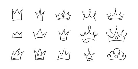 Hand drawn doodle crowns set. King crown sketches, majestic tiara, king and queen royal diadems. Vector illustration isolated in doodle style on white background.