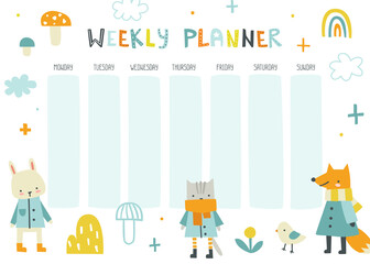 Cute weekly planner with animals. Scandinavian vector design of timetable for baby. - obrazy, fototapety, plakaty