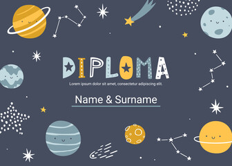 Diploma template with cute planets. Space vector certificate design for children competition.