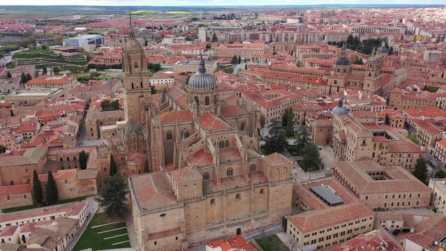Scenic aerial view of Salamanca historic district overlooking impressive gothic building of New Cathedral towering over residential buildings with terracotta tiled roofs in spring, Spain