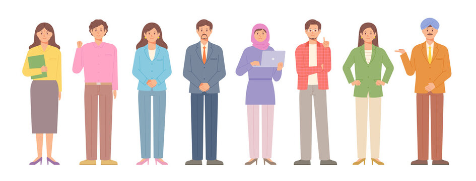 A business man in a formal style is standing and making various gestures. There is a man in a turban and a woman in a hijab. flat design style vector illustration.