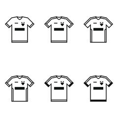 Six vector contour black soccer jerseys with stripes, logo and rectangles on white background.