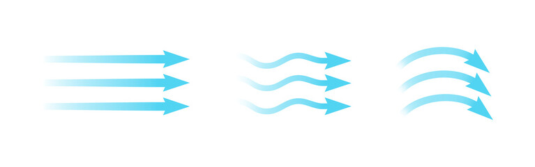 Air flow. Set of blue arrows showing direction of air movement. Wind direction arrows. Blue cold fresh stream from the conditioner. Vector illustration isolated on white background. - obrazy, fototapety, plakaty