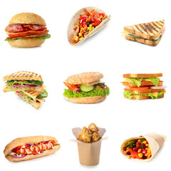Set of different tasty fast food isolated on white