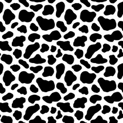 Cow hide seamless pattern. Holstein cattle texture. Cow skin pattern with smooth black and white texture. Dalmatian dog stains print. Black spots background. Animal skin template. Vector illustration.