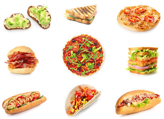Set of different tasty fast food isolated on white